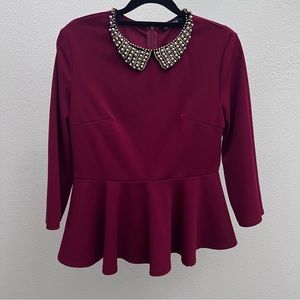 [Shein] Maroon Peplum Blouse with beaded collar detail